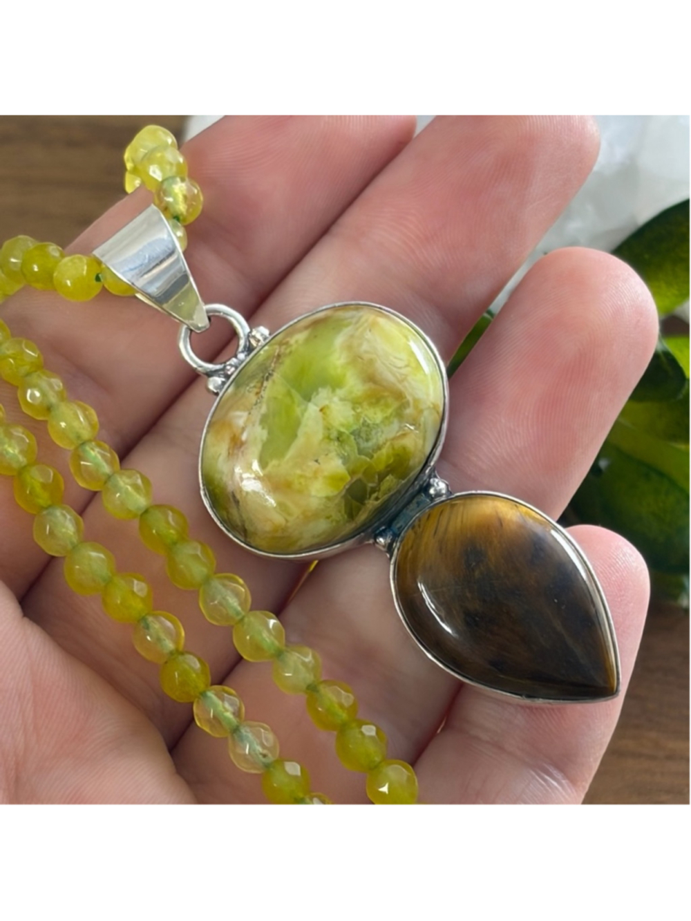 Green Opal & Tiger's Eye Pendant Necklace Southwest Boho 925 Sterling Silver New - Picture 3 of 8
